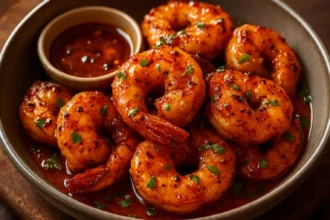 Crispy honey-glazed shrimp served with a drizzle of sauce