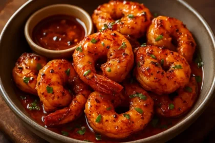Crispy honey-glazed shrimp served with a drizzle of sauce