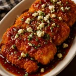 Crispy hot honey feta chicken garnished with herbs and served on a plate
