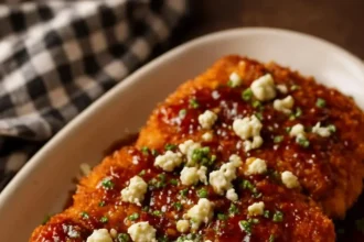 Crispy hot honey feta chicken garnished with herbs and served on a plate