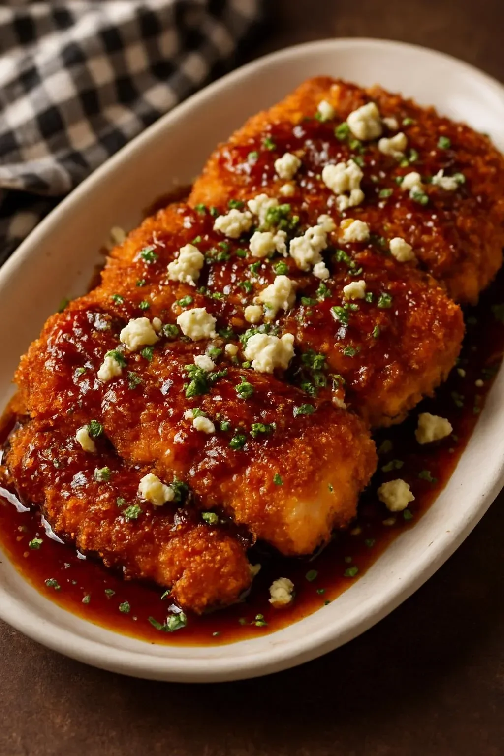 Crispy hot honey feta chicken garnished with herbs and served on a plate