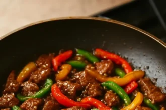 Plate of crispy Hunan beef garnished with vegetables and spices.