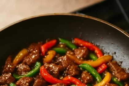 Plate of crispy Hunan beef garnished with vegetables and spices.