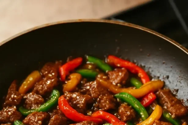 Plate of crispy Hunan beef garnished with vegetables and spices.