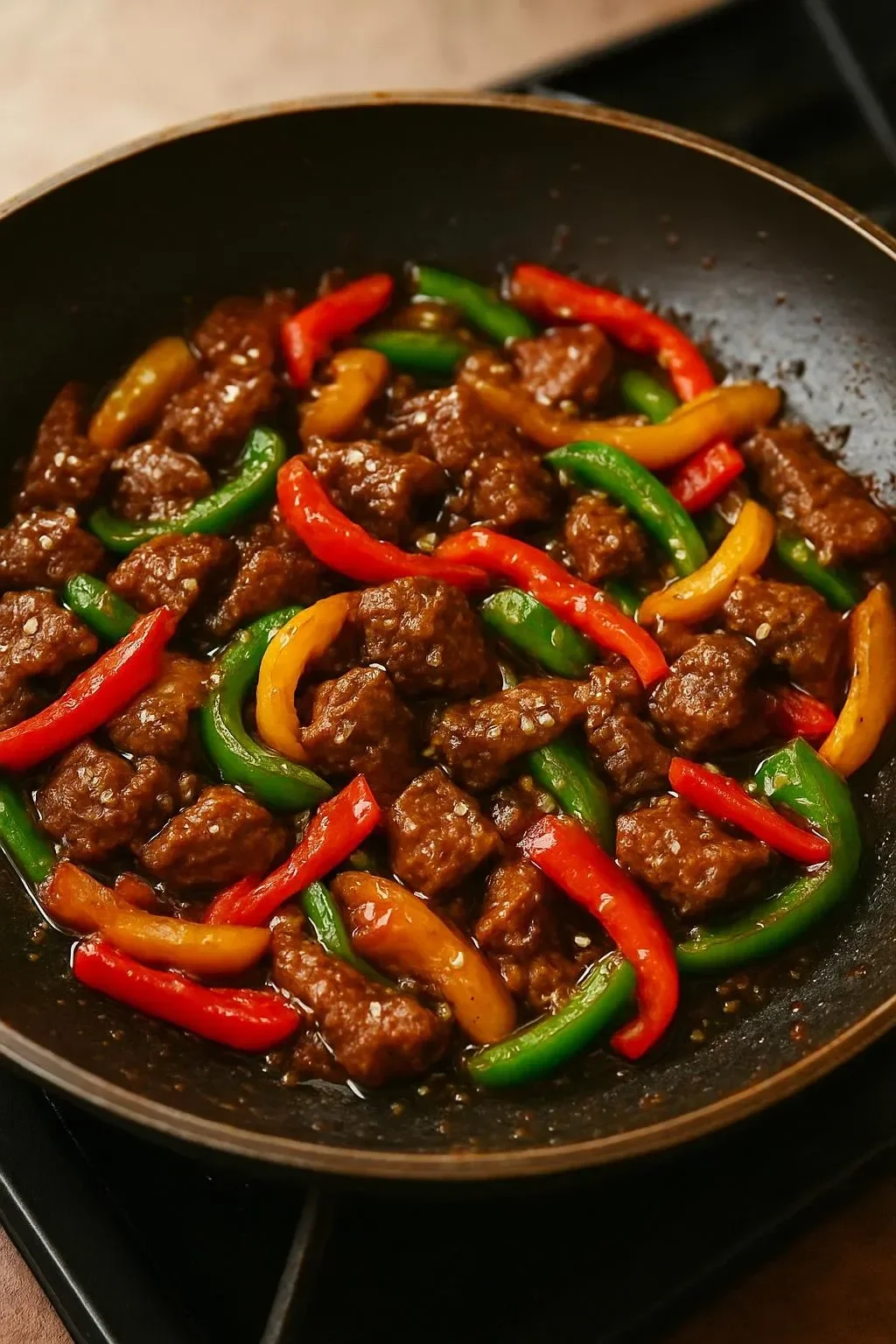 Plate of crispy Hunan beef garnished with vegetables and spices.