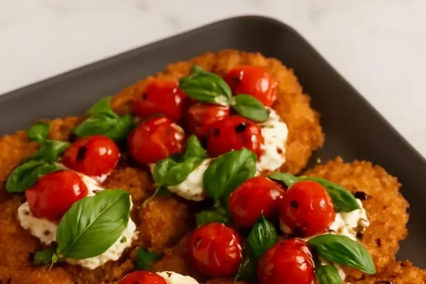 Crispy Italian basil chicken cutlets served on a plate with herbs