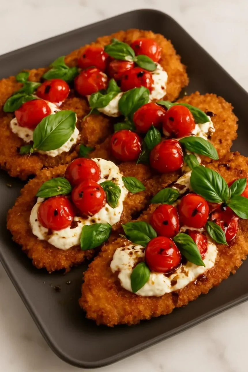 Crispy Italian basil chicken cutlets served on a plate with herbs