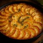 Delicious crispy Parmesan and Gruyère potato gratin served in a dish