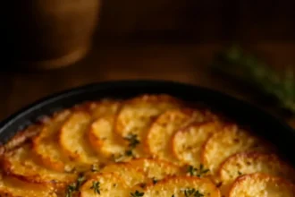 Delicious crispy Parmesan and Gruyère potato gratin served in a dish