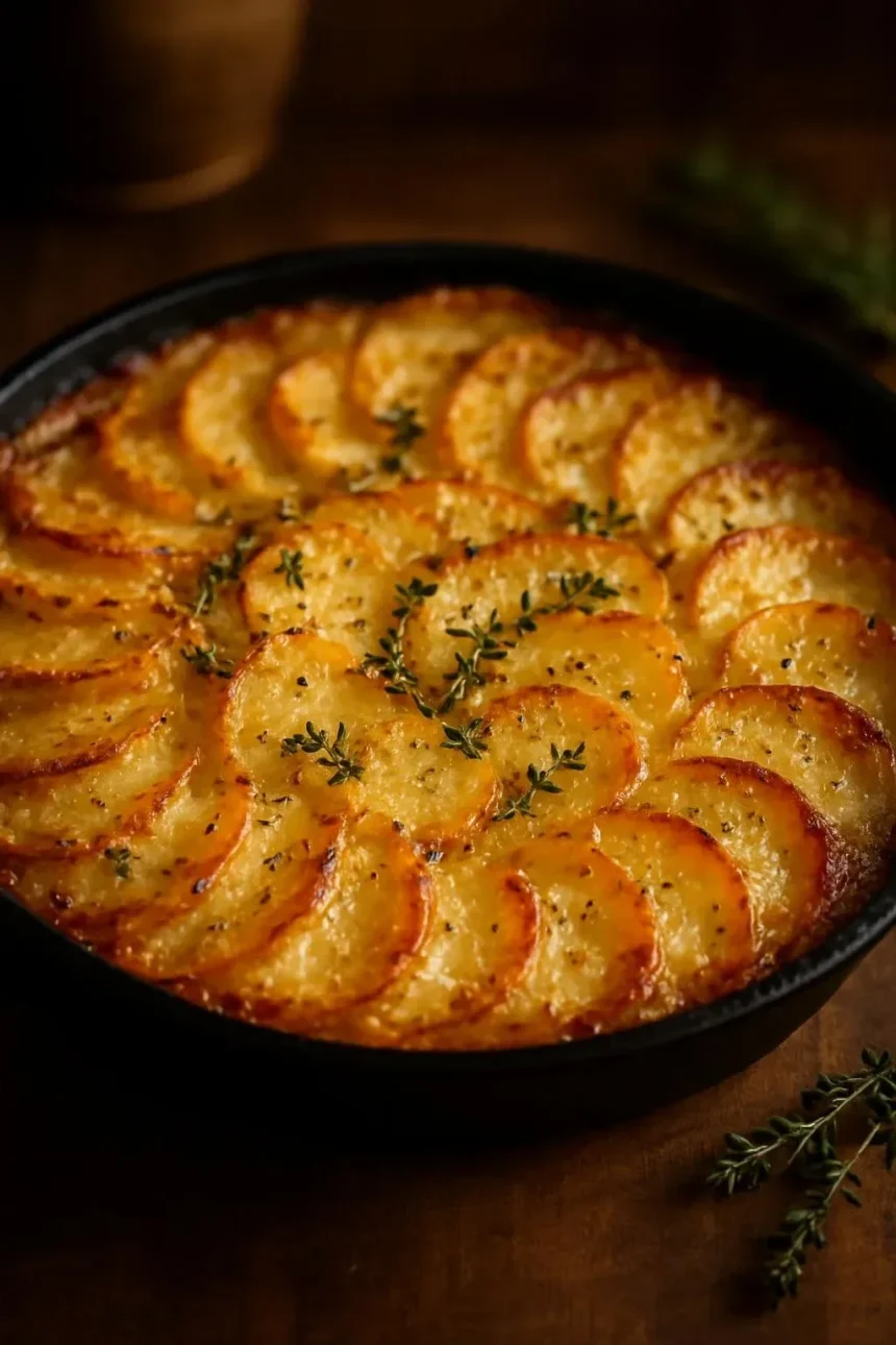 Delicious crispy Parmesan and Gruyère potato gratin served in a dish