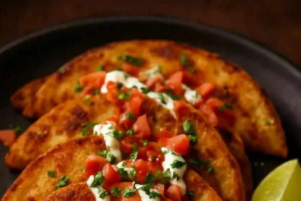 Delicious crispy potato and bean tacos served with spicy ranch dip