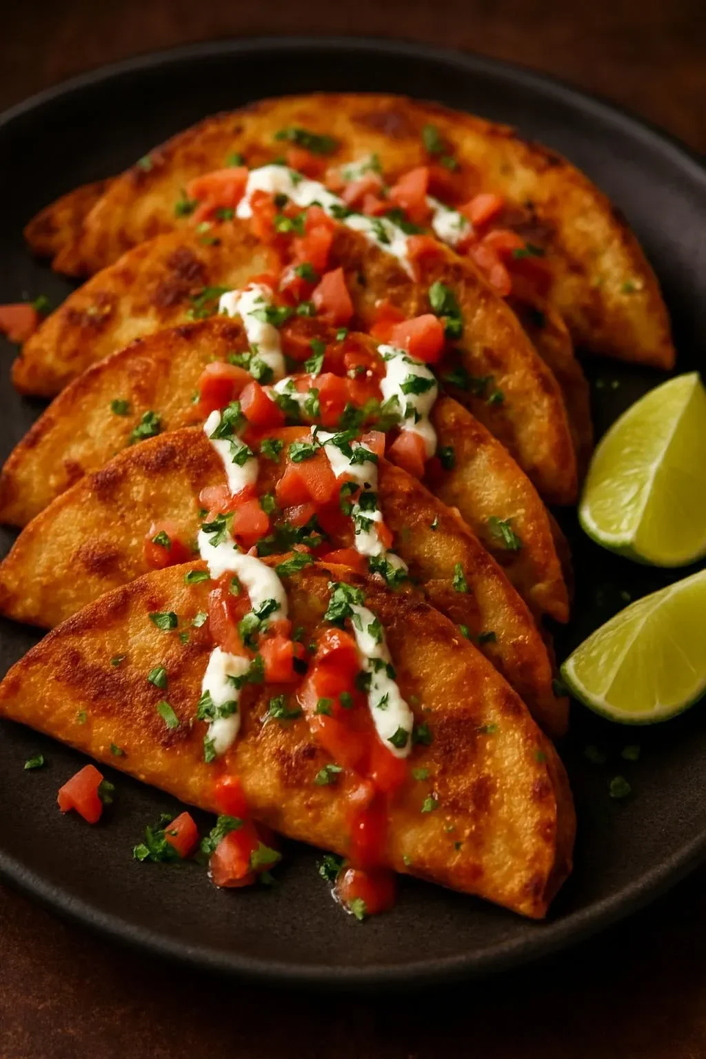 Delicious crispy potato and bean tacos served with spicy ranch dip