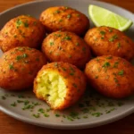 Crispy salted codfish cakes ready to serve with a garnish.