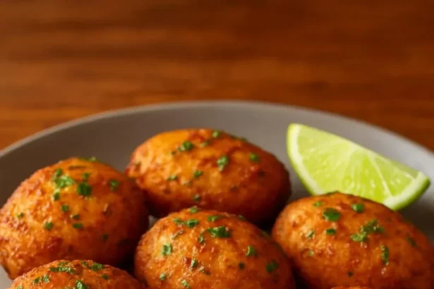 Crispy salted codfish cakes ready to serve with a garnish.