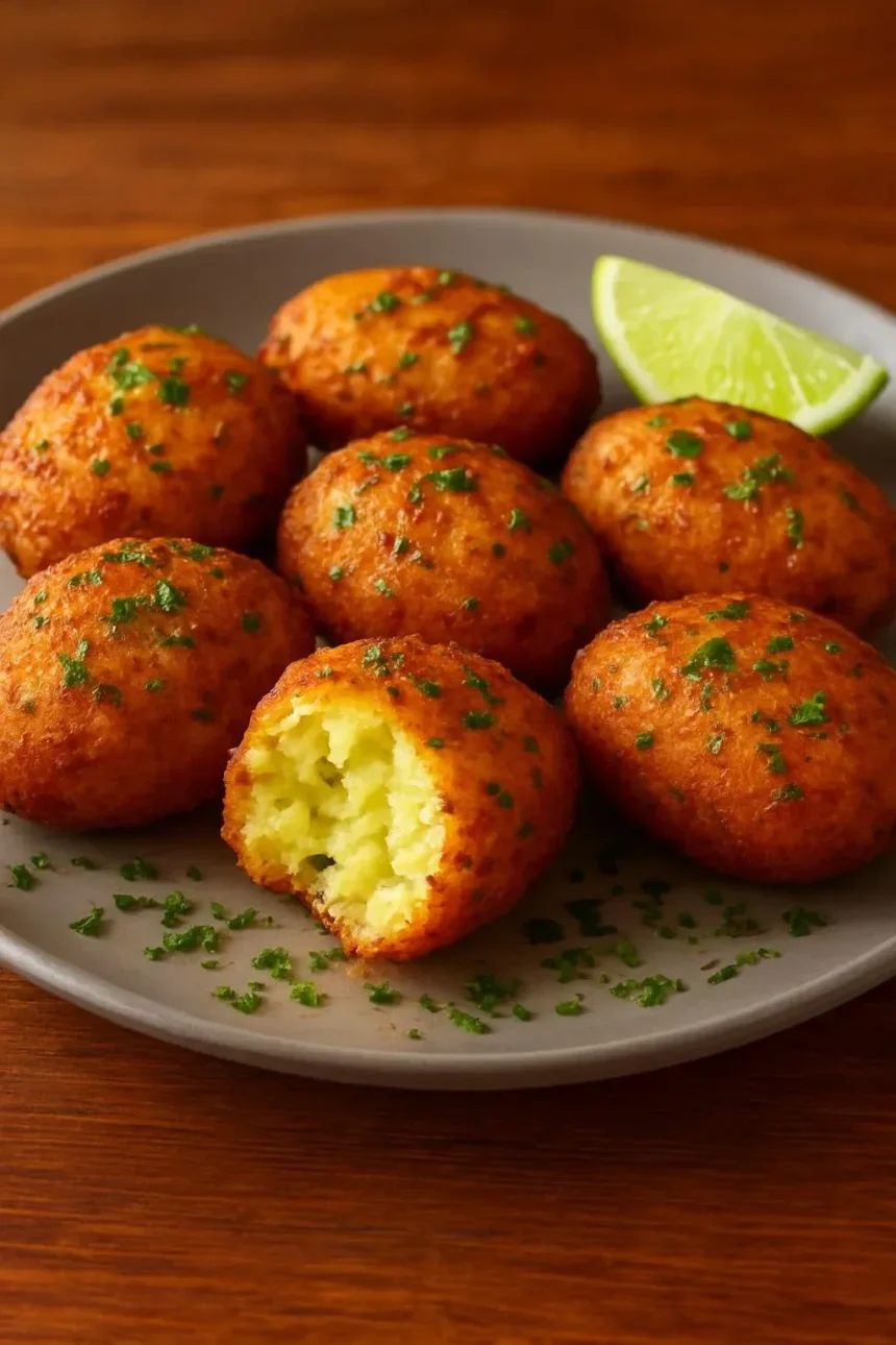 Crispy salted codfish cakes ready to serve with a garnish.
