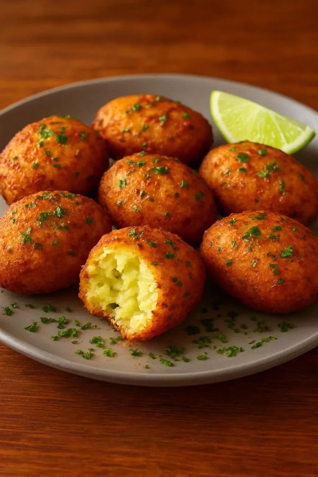 Crispy salted codfish cakes ready to serve with a garnish.