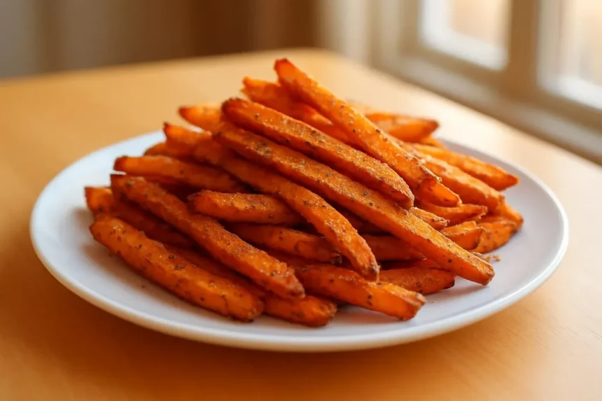 Crispy sweet potato fries served in a bowl with dipping sauce