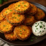Bowl of crispy zucchini chips served with basil mayo dip