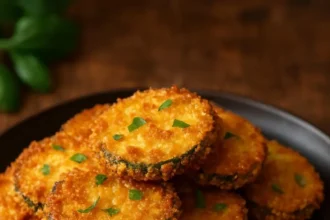 Bowl of crispy zucchini chips served with basil mayo dip