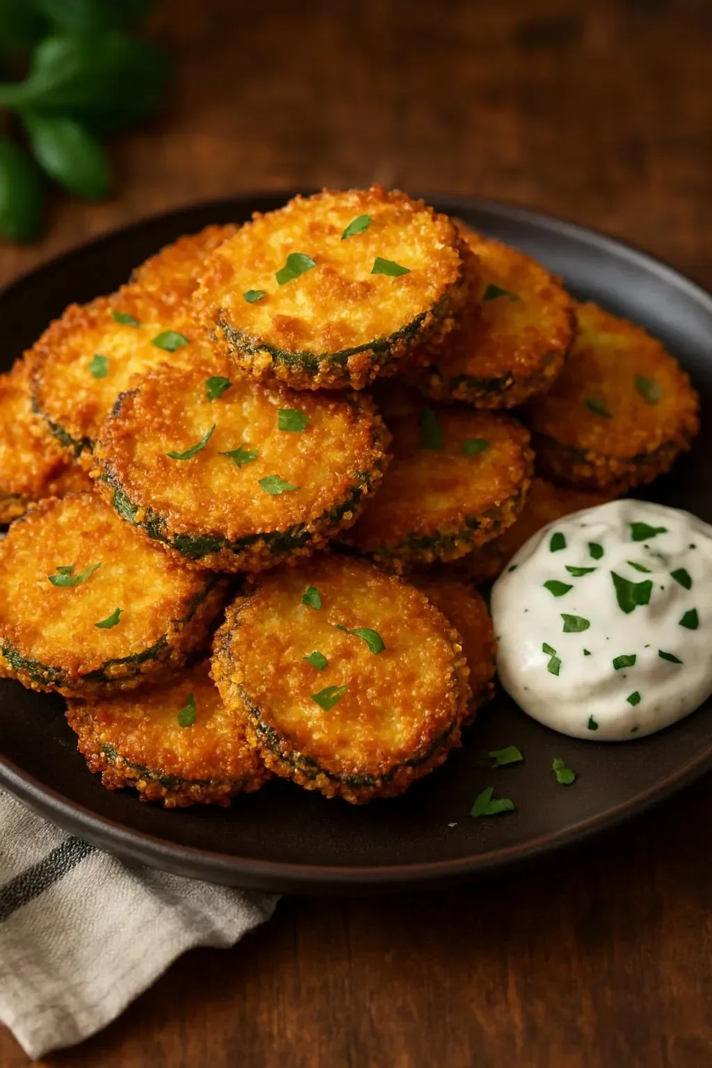 Bowl of crispy zucchini chips served with basil mayo dip