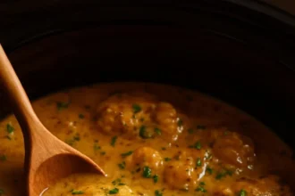 Crockpot Chicken and Gravy served in a bowl with mashed potatoes and herbs