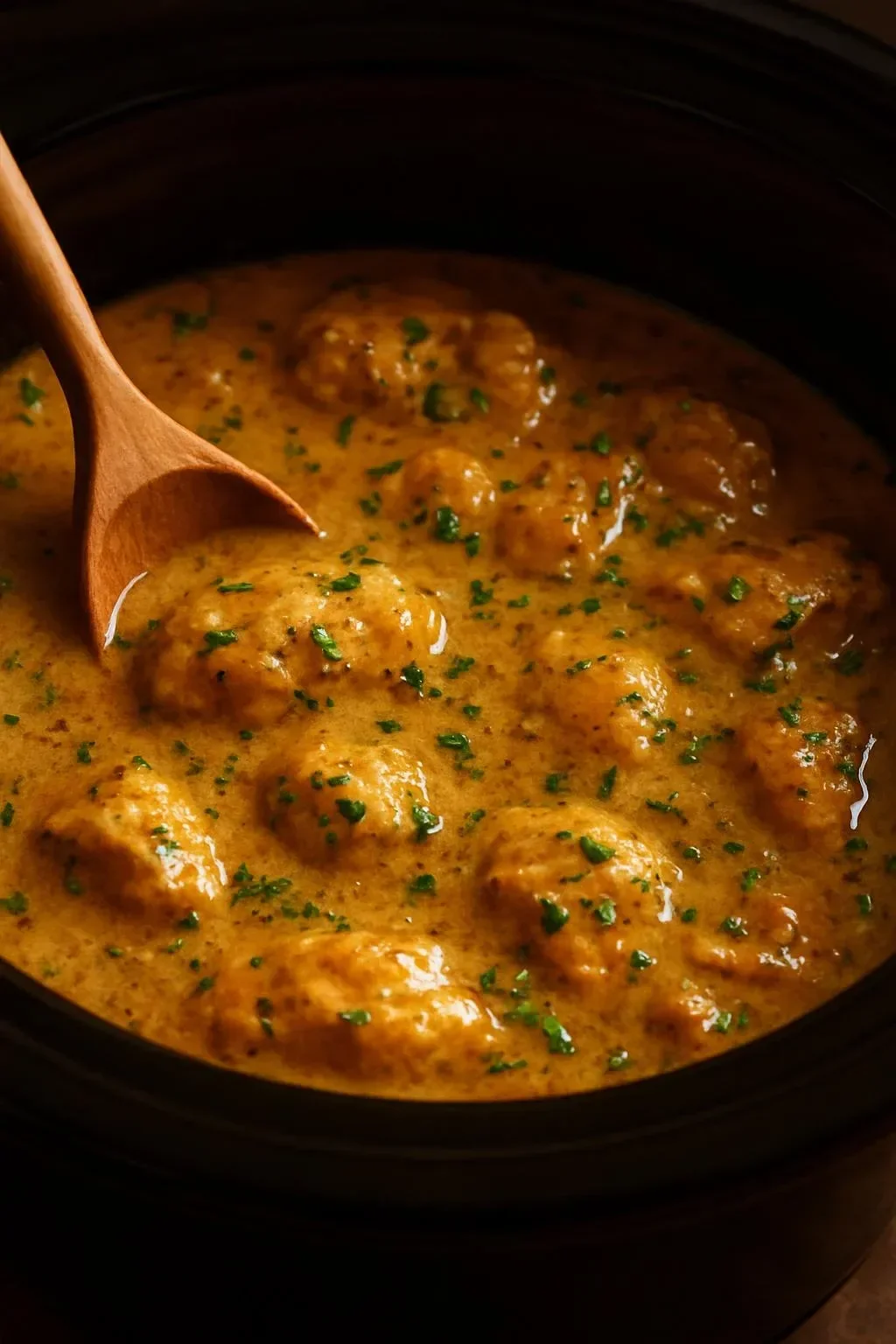Crockpot Chicken and Gravy served in a bowl with mashed potatoes and herbs