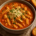 Crockpot Chicken Parmesan Soup in a bowl with cheese and herbs on top.