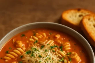 Crockpot Chicken Parmesan Soup in a bowl with cheese and herbs on top.