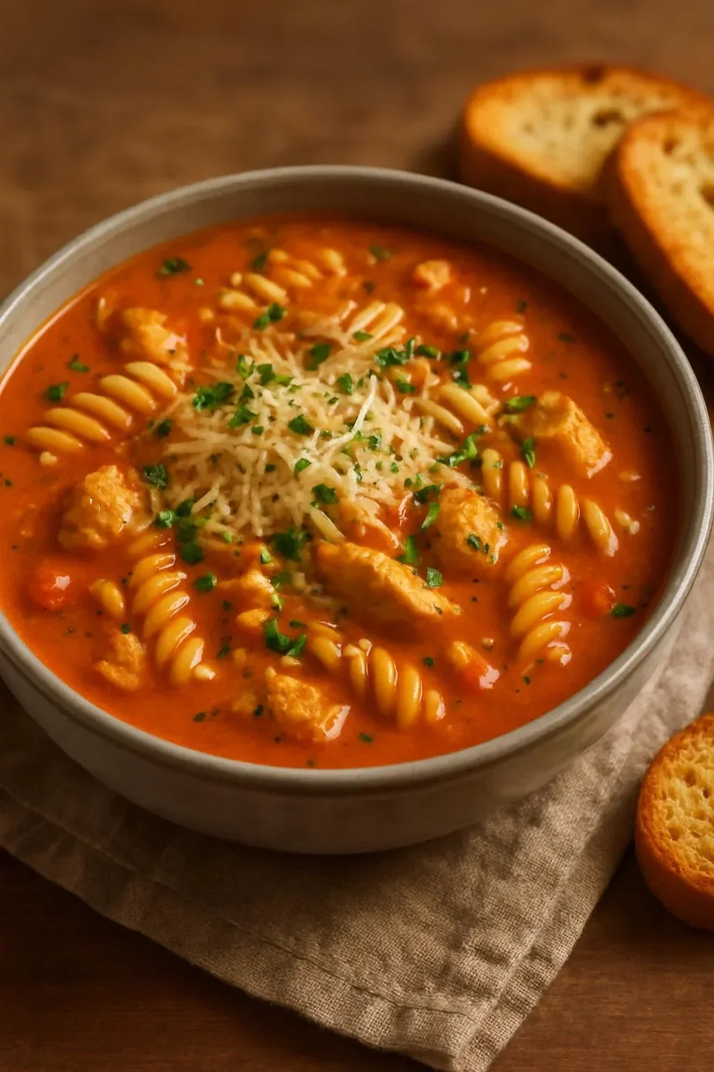 Crockpot Chicken Parmesan Soup in a bowl with cheese and herbs on top.