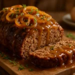 Delicious Crockpot French Onion Meatloaf served with caramelized onions.