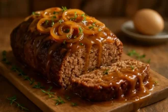Delicious Crockpot French Onion Meatloaf served with caramelized onions.