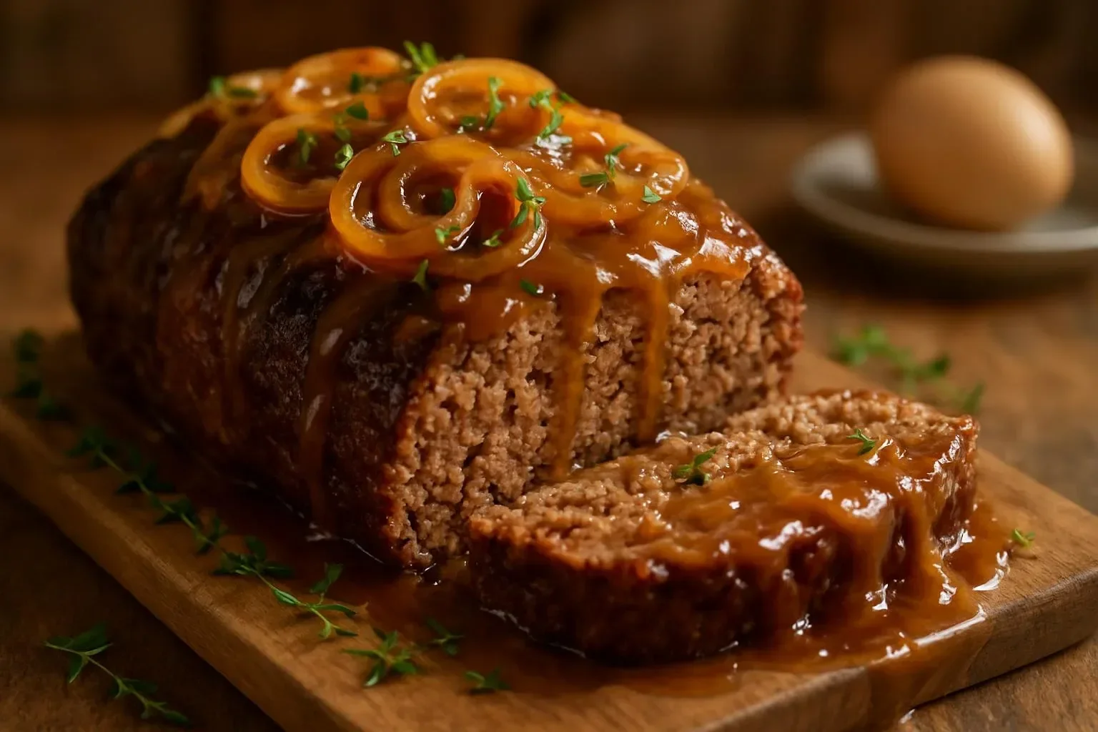 Delicious Crockpot French Onion Meatloaf served with caramelized onions.