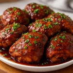 Crockpot honey garlic chicken thighs served on a plate with vegetables