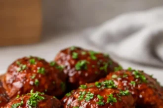 Crockpot honey garlic chicken thighs served on a plate with vegetables