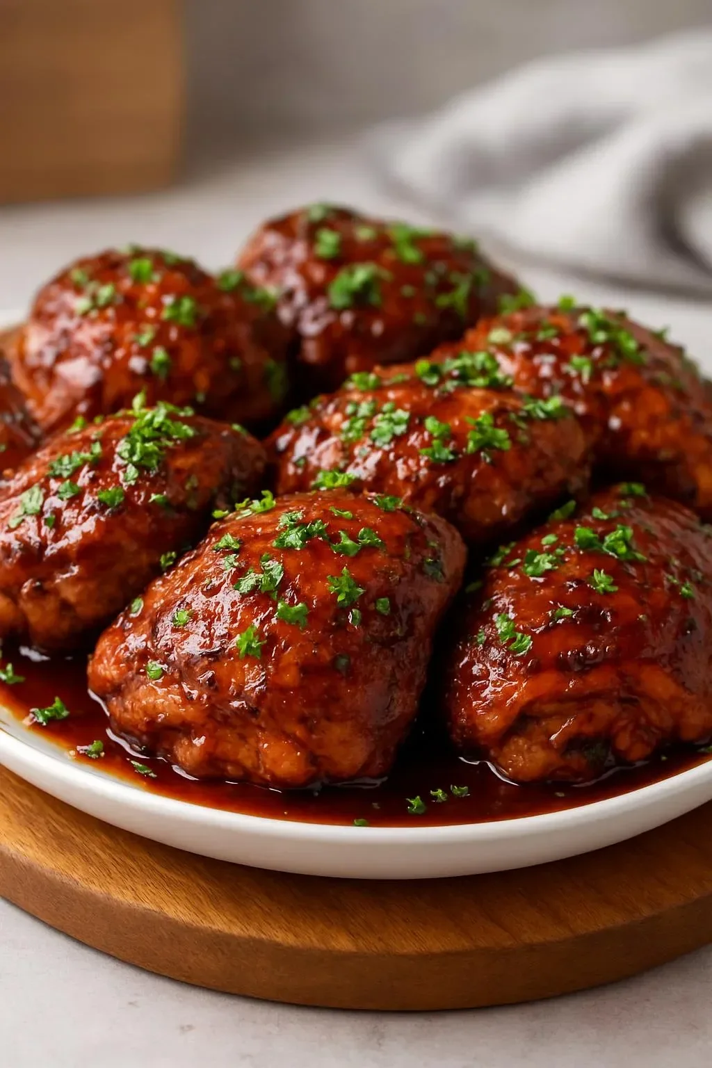 Crockpot honey garlic chicken thighs served on a plate with vegetables