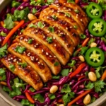 Crunchy Asian Sesame Chicken Salad with colorful vegetables and sesame dressing