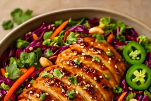 Crunchy Asian Sesame Chicken Salad with colorful vegetables and sesame dressing