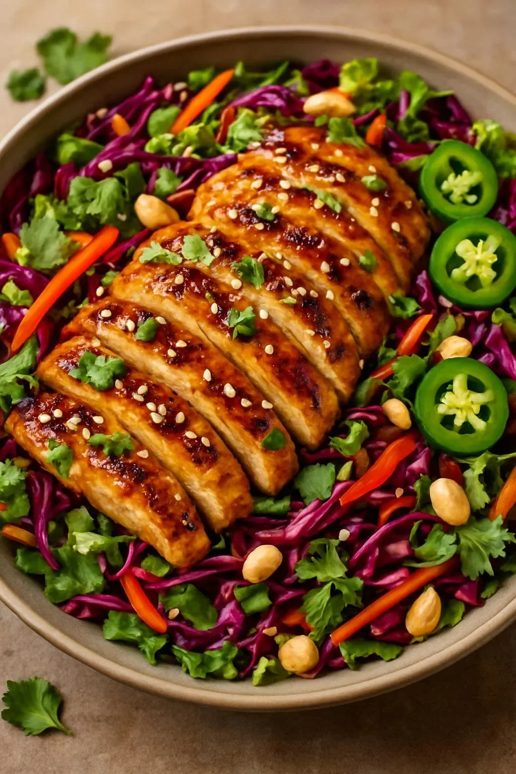 Crunchy Asian Sesame Chicken Salad with colorful vegetables and sesame dressing