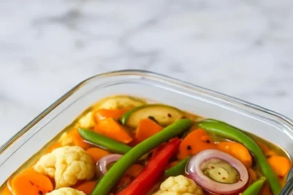 Jar of crunchy tangy refrigerator pickled vegetables with colorful veggies.