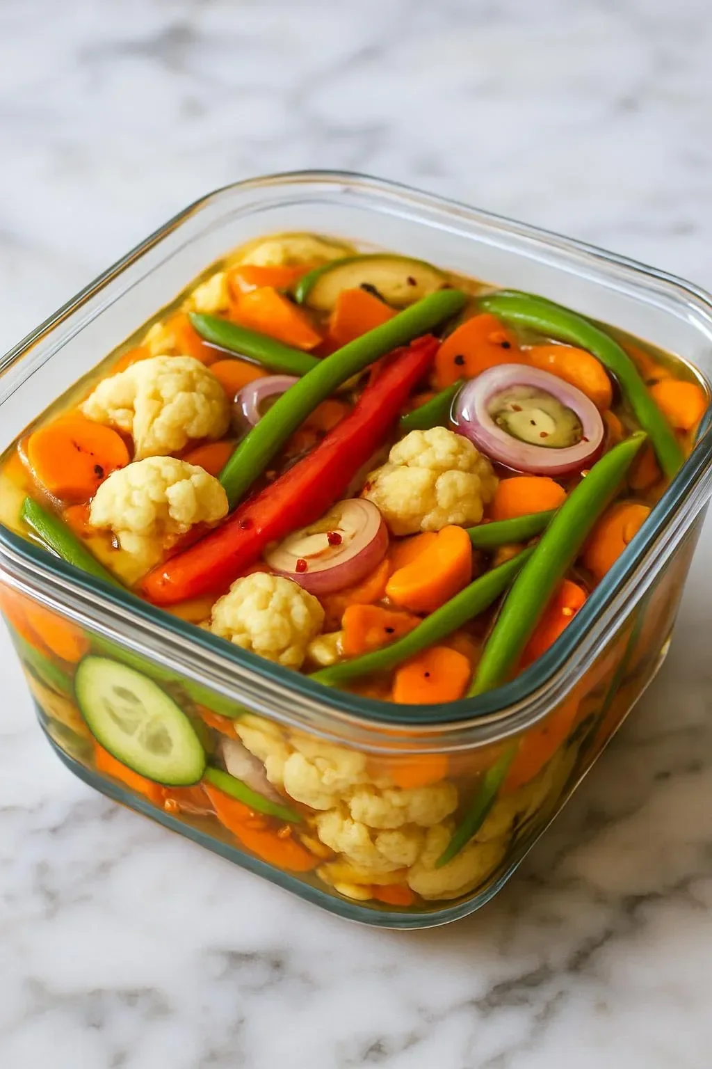 Jar of crunchy tangy refrigerator pickled vegetables with colorful veggies.