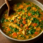 Curried chicken lentil and rice soup with spinach served in a bowl