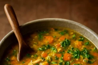 Curried chicken lentil and rice soup with spinach served in a bowl