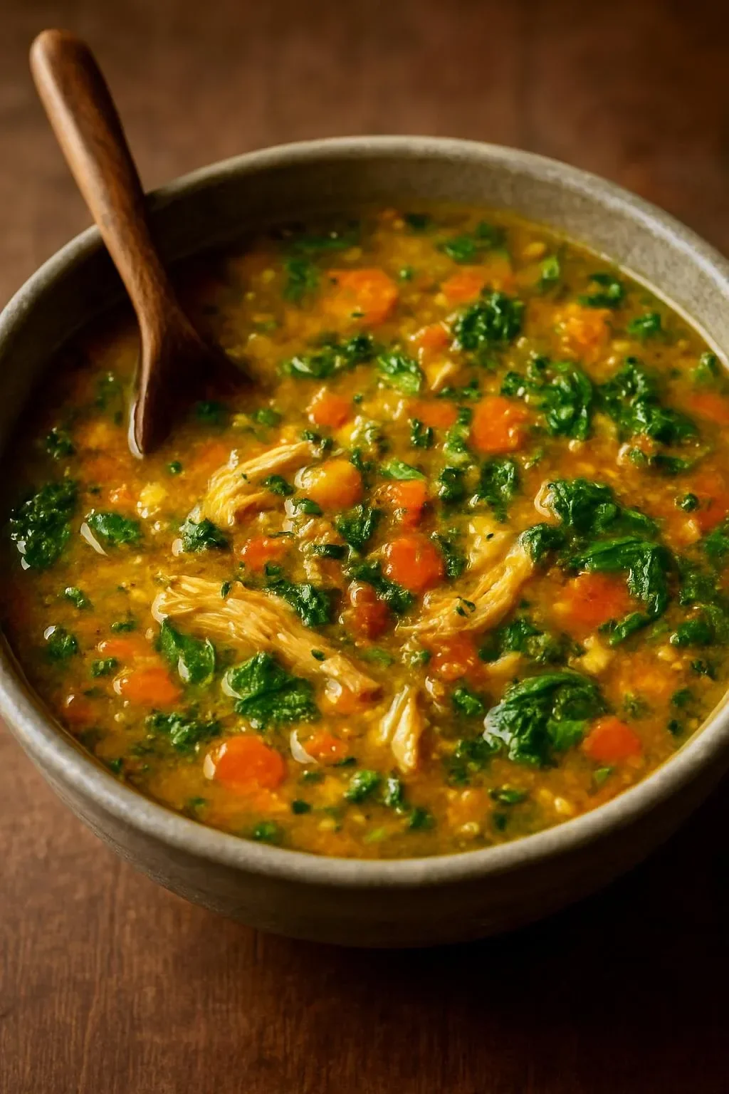 Curried chicken lentil and rice soup with spinach served in a bowl