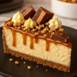 Decadent Snickers cheesecake pie with caramel drizzle and chocolate topping