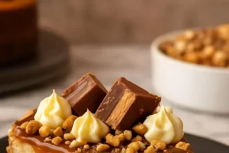 Decadent Snickers cheesecake pie with caramel drizzle and chocolate topping