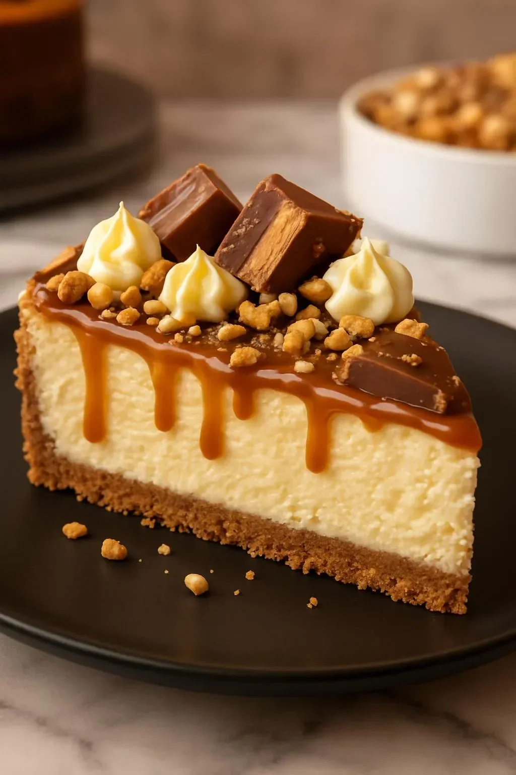 Decadent Snickers cheesecake pie with caramel drizzle and chocolate topping