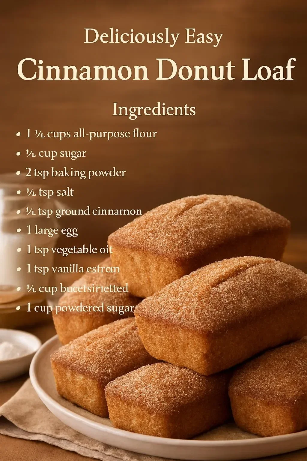 Slice of homemade cinnamon donut loaf on a plate with a sprinkle of cinnamon.