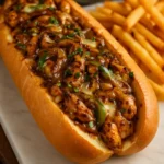 Delicious BBQ chicken cheesesteak sandwich with melted cheese and BBQ sauce