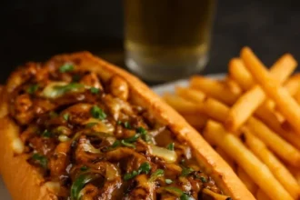 Delicious BBQ chicken cheesesteak sandwich with melted cheese and BBQ sauce