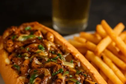 Delicious BBQ chicken cheesesteak sandwich with melted cheese and BBQ sauce